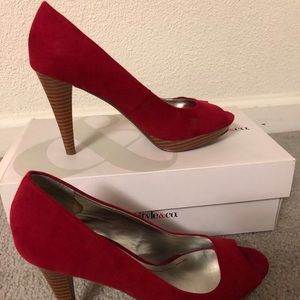 Red suede peep toe heels